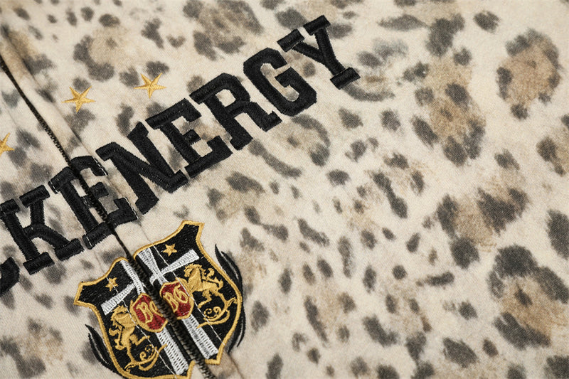 Embroidered Zip Up Hoodie – Leopard Print Streetwear with Side Stripe Detail