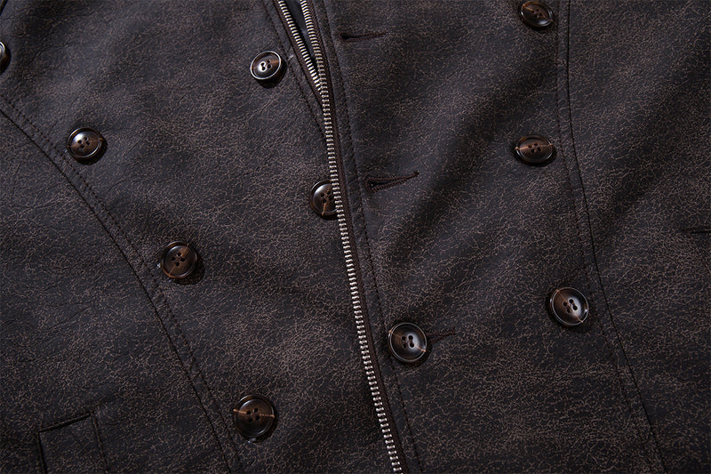 Double-Breasted PU Leather Moto Jacket – Vintage Napoleon Style