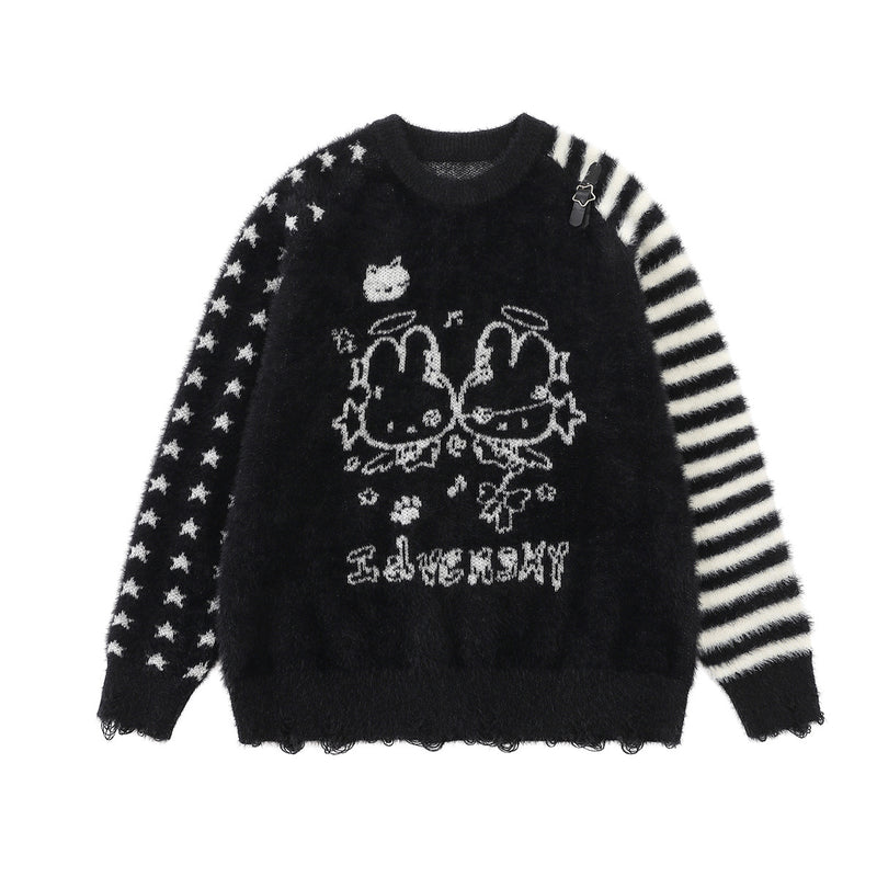 Cartoon Rabbit Angel Knit Sweater – Mixed Star & Stripe Fuzzy Pullover with