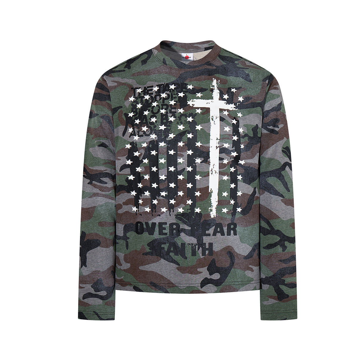Men's long-sleeve woodland camouflage graphic tee with white cross, American flag stars print on front and motivational text