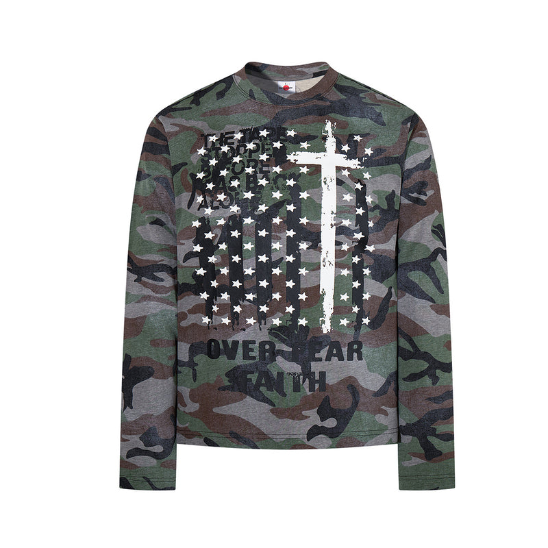 Men's long-sleeve woodland camouflage graphic tee with white cross, American flag stars print on front and motivational text