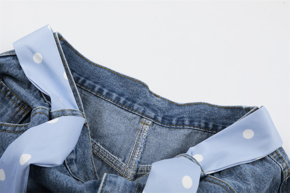 I Love RUNTENG Letter Print Wide-Leg Denim Shorts with Polka Dot Tie Detail