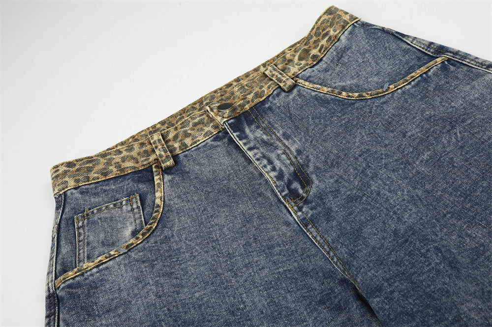 Vaqueros de Pierna Ancha para Hombre – Cintura de Leopardo, Corte Barrel Holgado y Denim Lavado