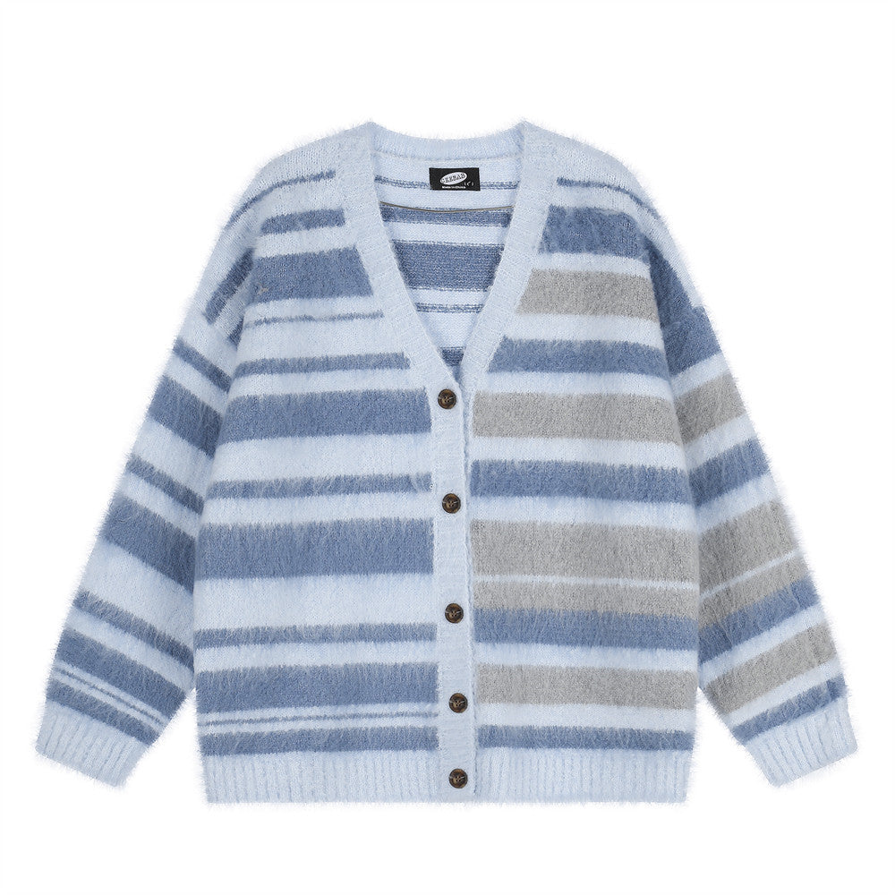 Striped V-Neck Cardigan Sweater – Oversized Colorblock Knit