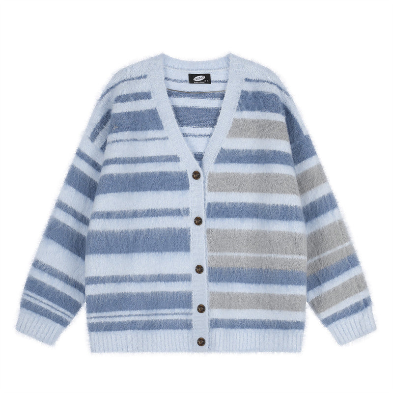 Striped V-Neck Cardigan Sweater – Oversized Colorblock Knit