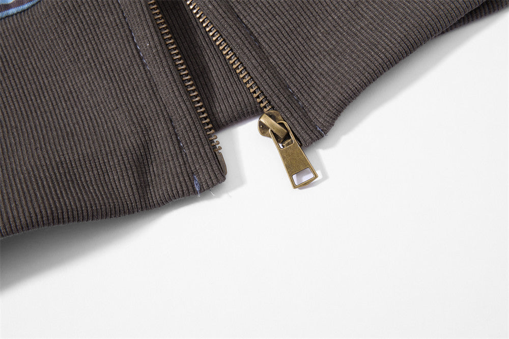 Sudadera de rayas con cremallera - Sudadera bomber corta oversize bordada para hombre
