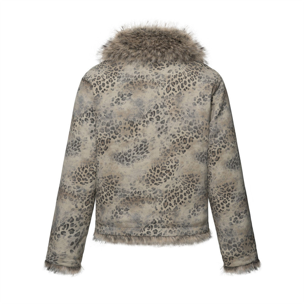 Leopard Print Zip-Up Jacket with Faux Fur Collar & Sherpa Lining