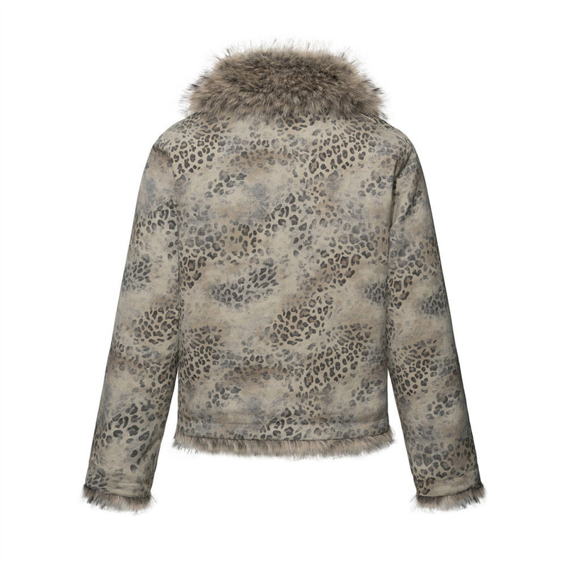 Leopard Print Zip-Up Jacket with Faux Fur Collar & Sherpa Lining