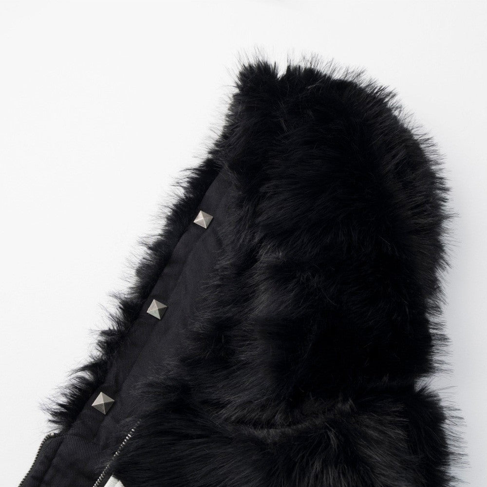 Black Faux Fur Hooded Bomber Jacket with White Cross Patch