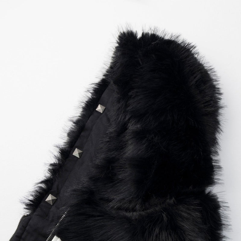 Black Faux Fur Hooded Bomber Jacket with White Cross Patch