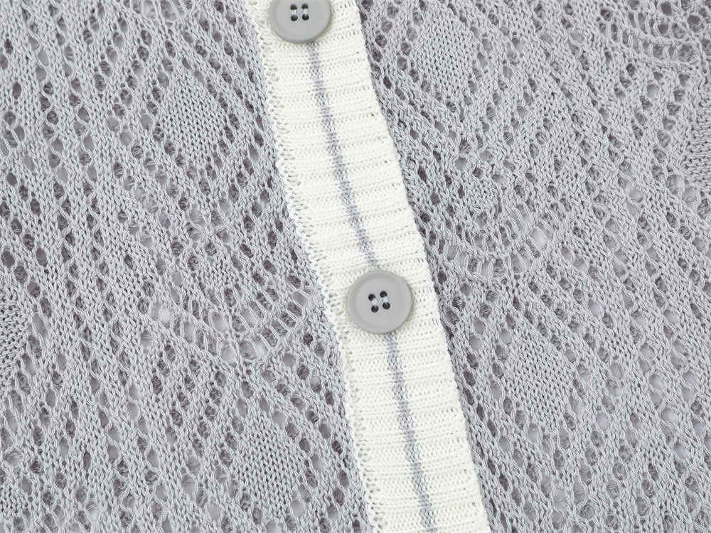 Cardigan en maille ajourée à col rond pour homme – Texture losanges, coupe décontractée