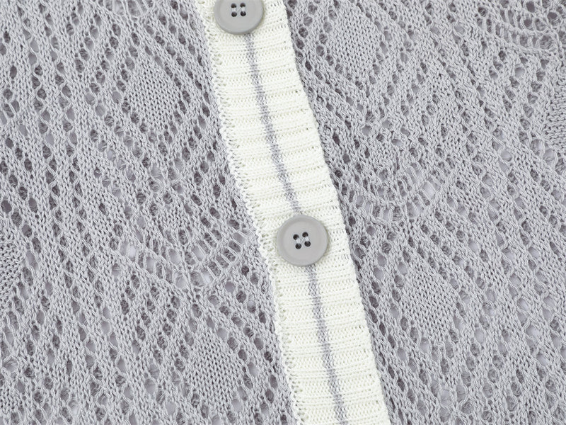 Cardigan en maille ajourée à col rond pour homme – Texture losanges, coupe décontractée