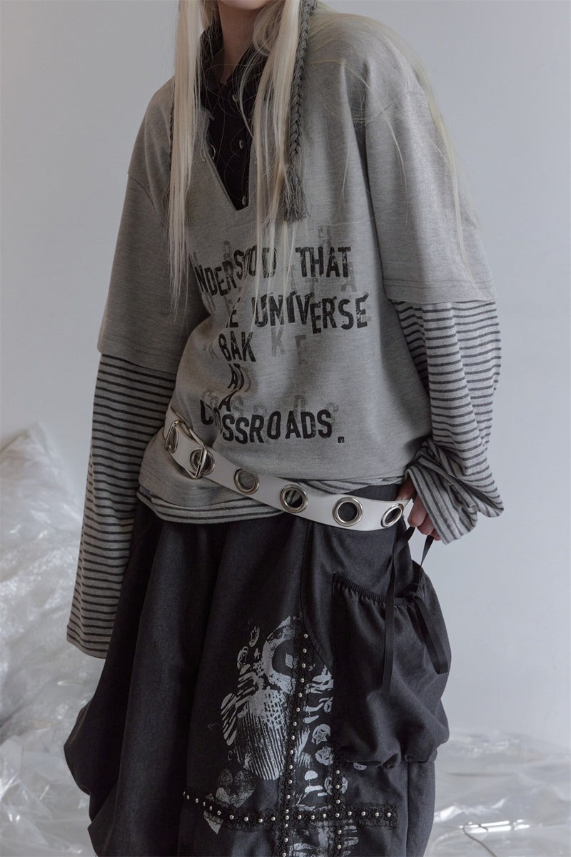 Oversized Faux Two-Piece Polo Sweatshirt with Striped Sleeves and Letter Graphic