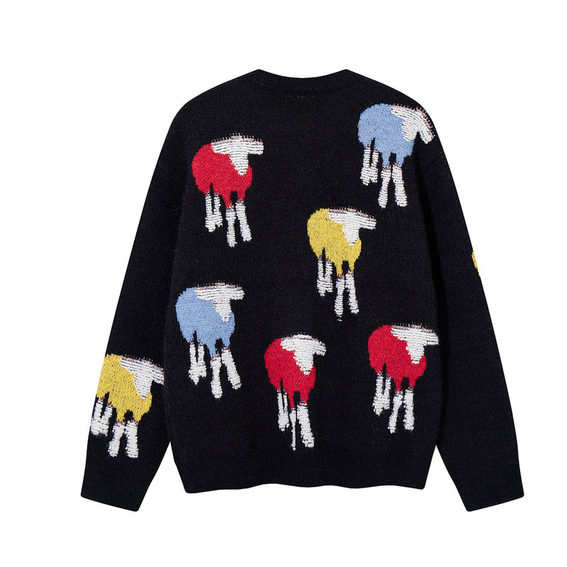 Colorful Sheep Jacquard Crew Neck Sweater – Relaxed Fit Knit