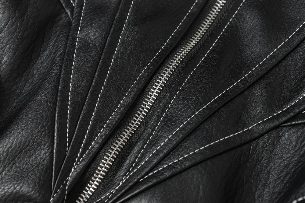 Men's Studded Deconstructed PU Leather Hooded Jacket with Faux Fur Collar