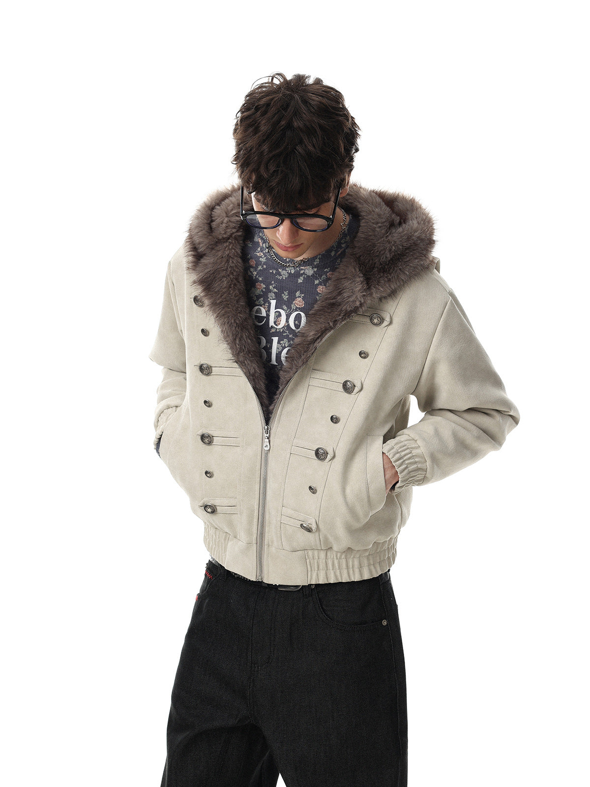 Military button bomber jacket with faux fur hood in off-white, front view showing double-breasted silver coin buttons and rib