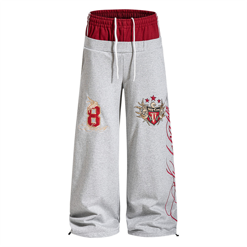 Men's Colorblock Double Waistband Wide-Leg Sweatpants with Embroidered Graphic
