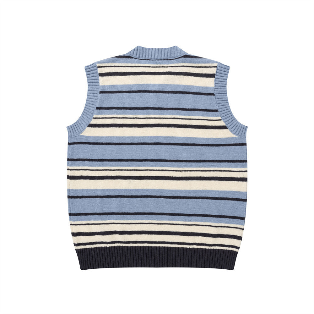 Striped V-Neck Sweater Vest with Dog Embroidery – Relaxed Fit Knit