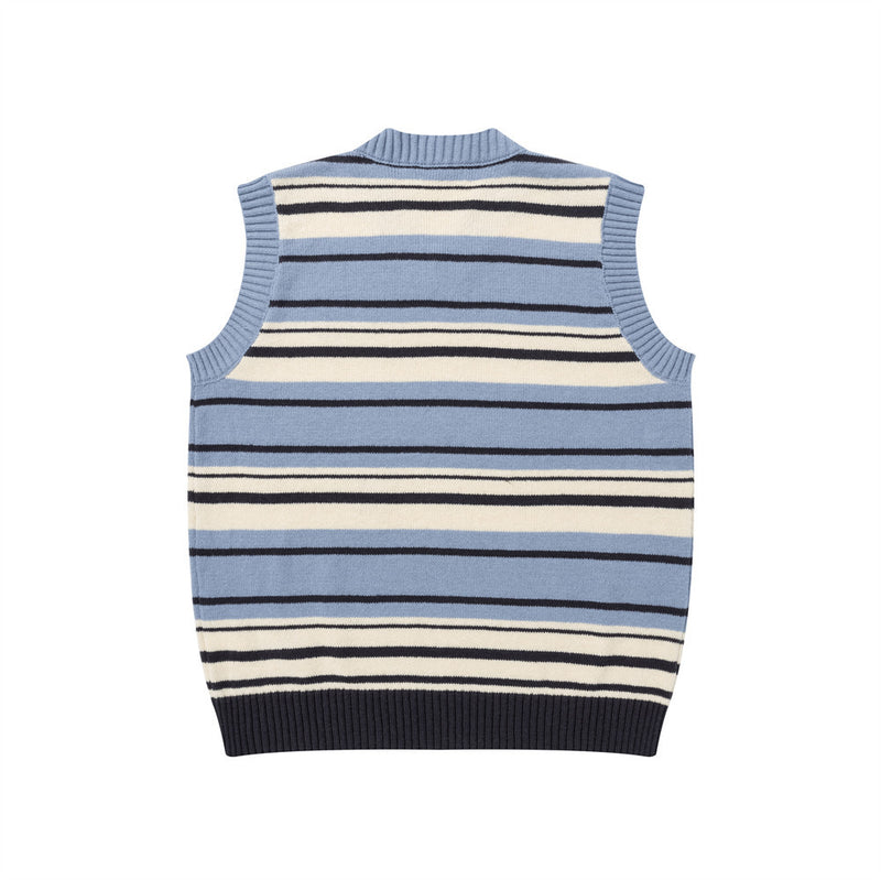 Striped V-Neck Sweater Vest with Dog Embroidery – Relaxed Fit Knit