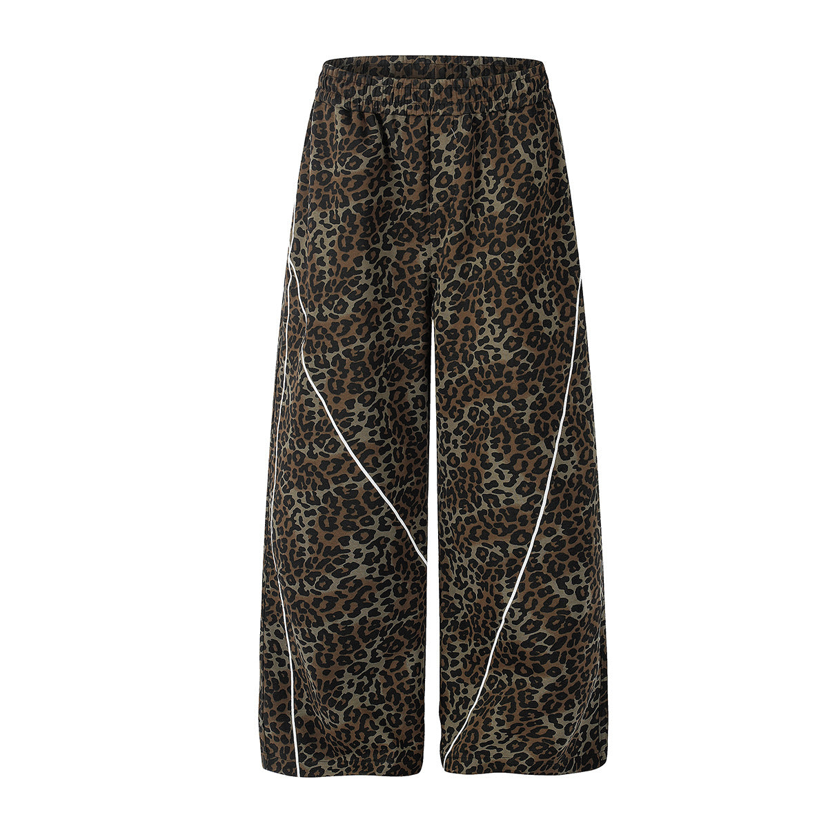 Pantalon de survêtement léopard marron et olive à jambes larges, passepoil contrastant blanc et taille élastique, vues avant et arrière