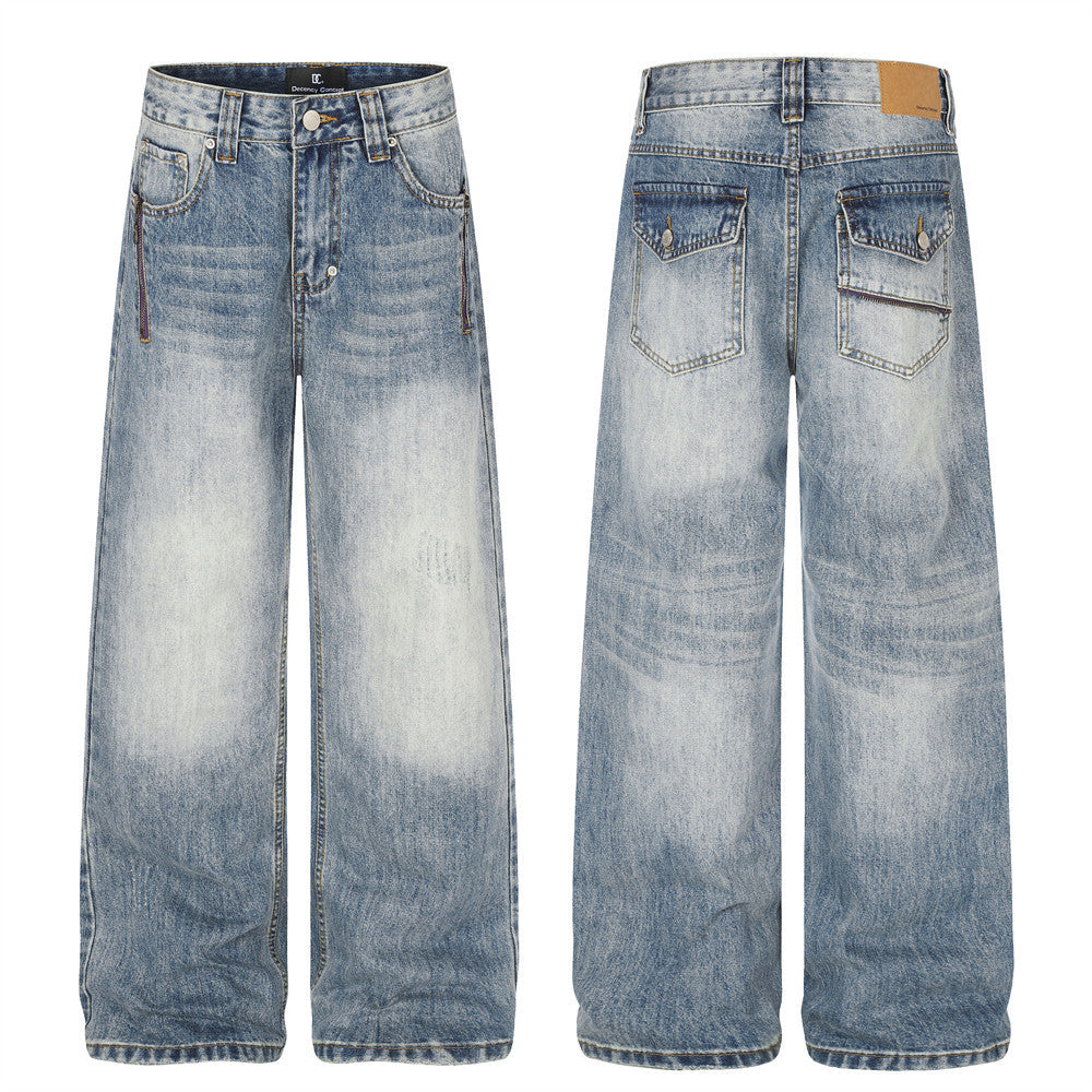 Jean baggy à jambes larges – Denim bleu délavé homme, coupe droite avec poche zippée