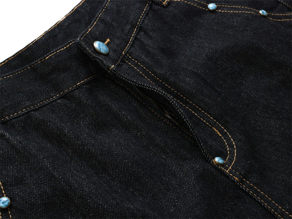 Wide-Leg Barrel Jeans – Turquoise Stud Detail, Curved Silhouette
