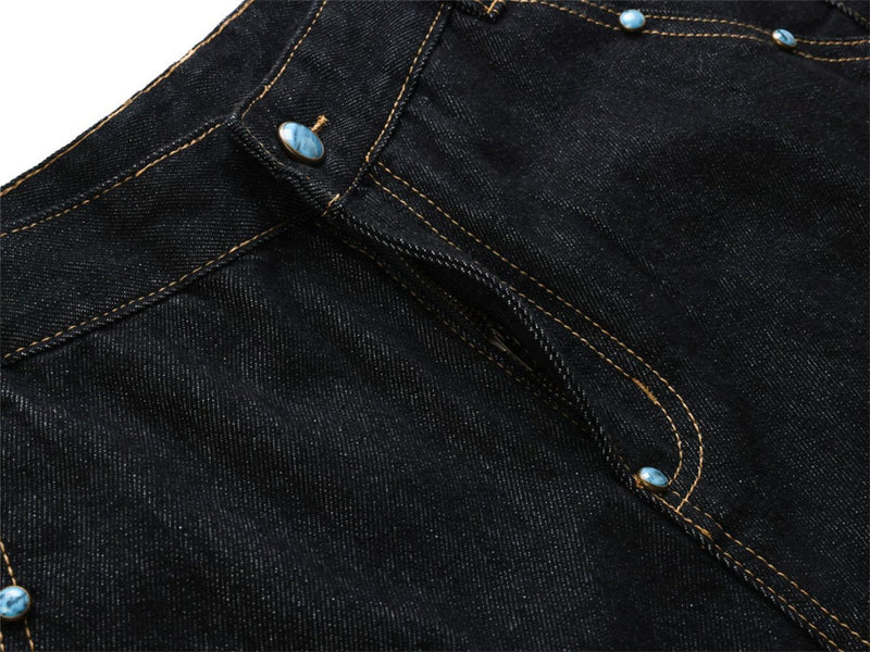 Wide-Leg Barrel Jeans – Turquoise Stud Detail, Curved Silhouette