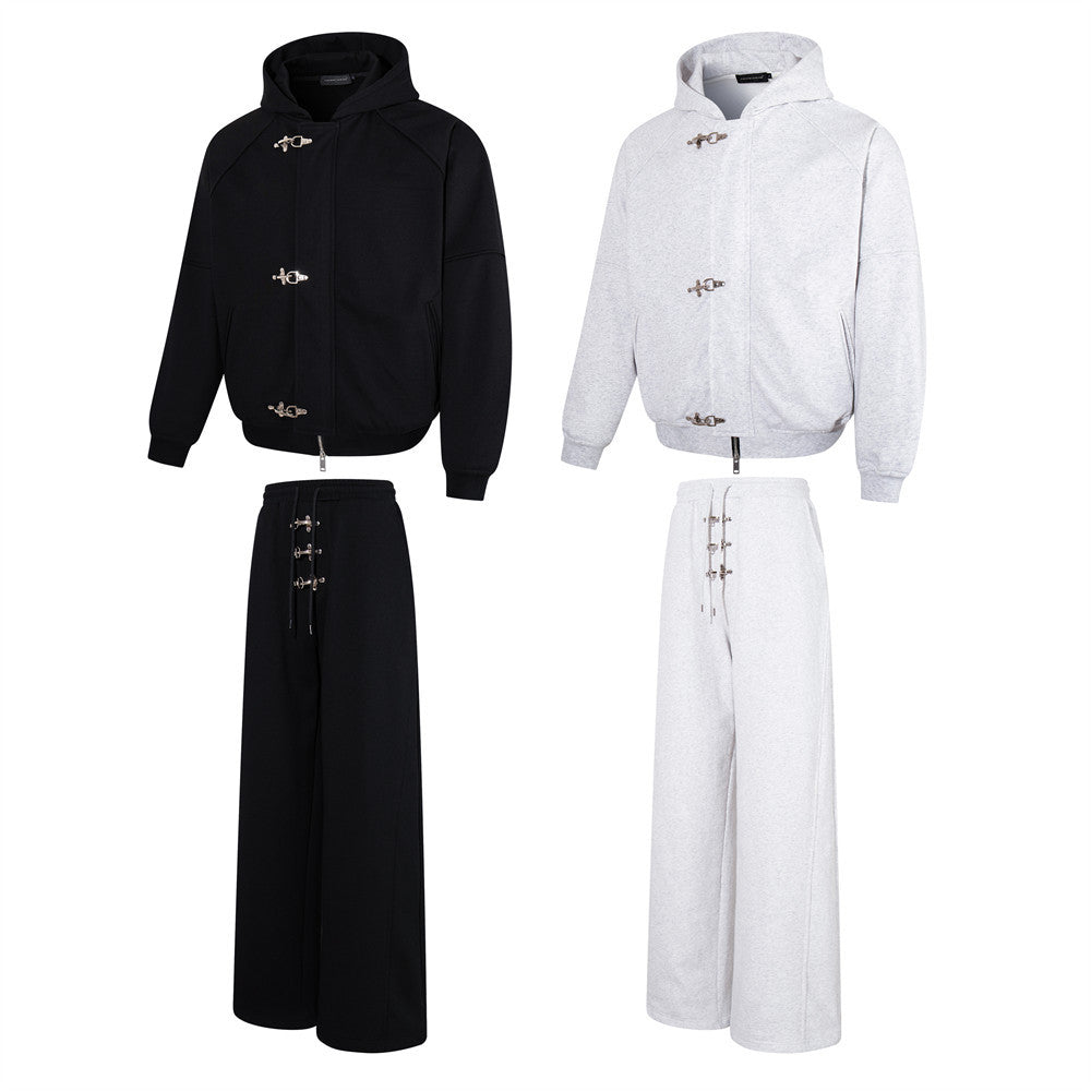 Men's Metal Clasp Hoodie & Wide-Leg Sweatpants Tracksuit Set