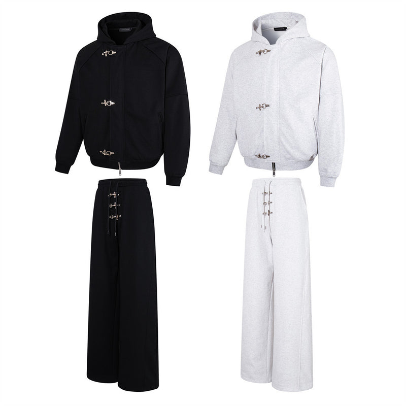 Men's Metal Clasp Hoodie & Wide-Leg Sweatpants Tracksuit Set