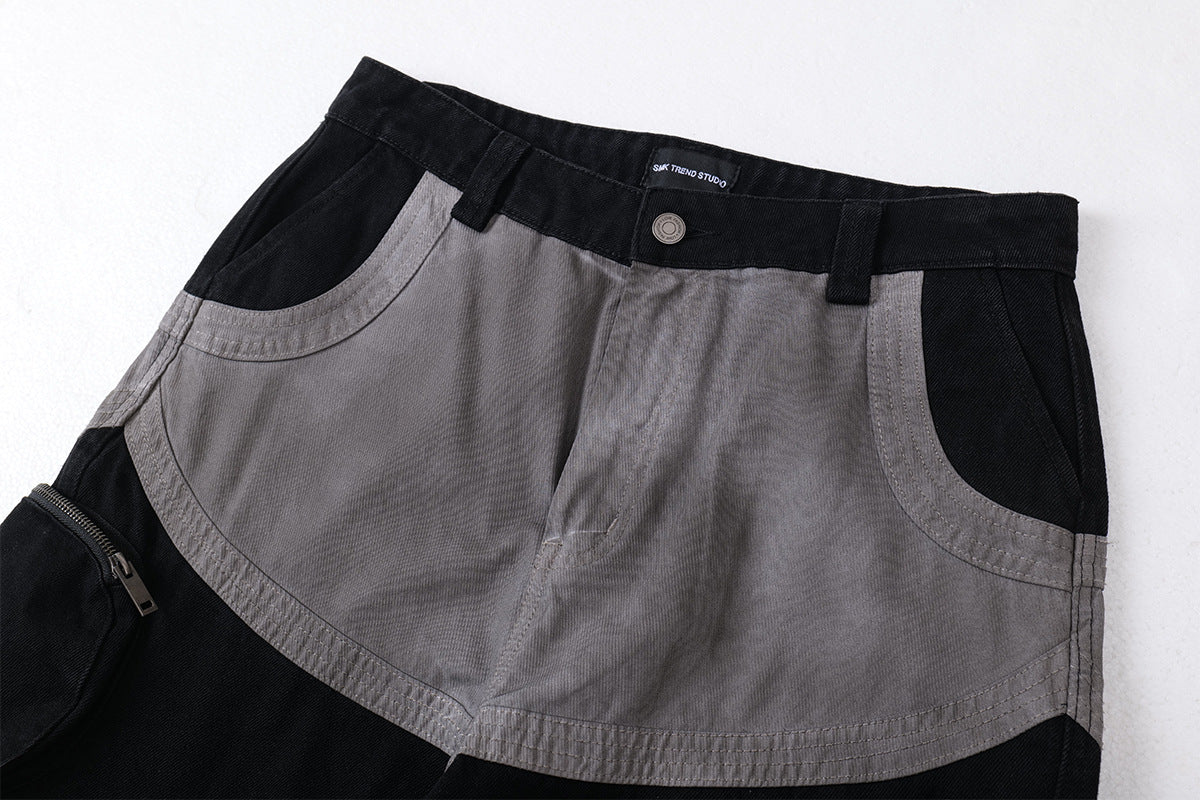 Baggy Cargo Pants Men's Black Grey Patchwork Wide-Leg Tactical Trousers
