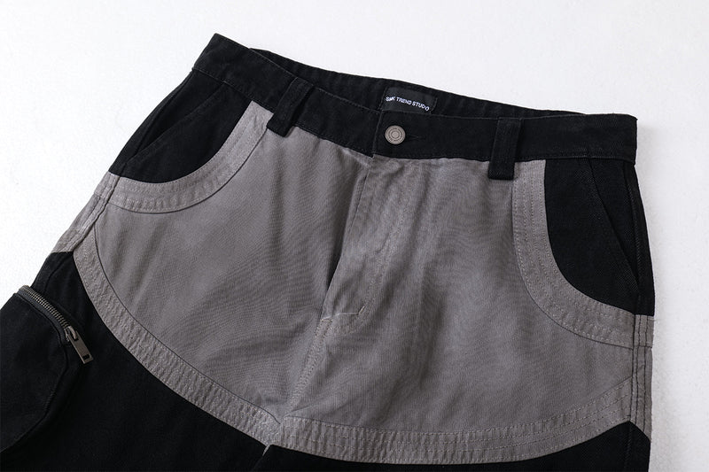 Baggy Cargo Pants Men's Black Grey Patchwork Wide-Leg Tactical Trousers