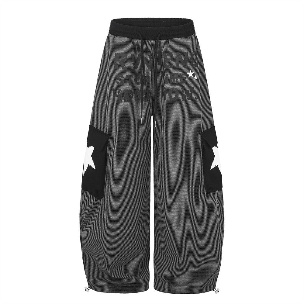 Wide-leg striped cargo sweatpants with letter graphic print and star appliqué cargo pockets in black colourway