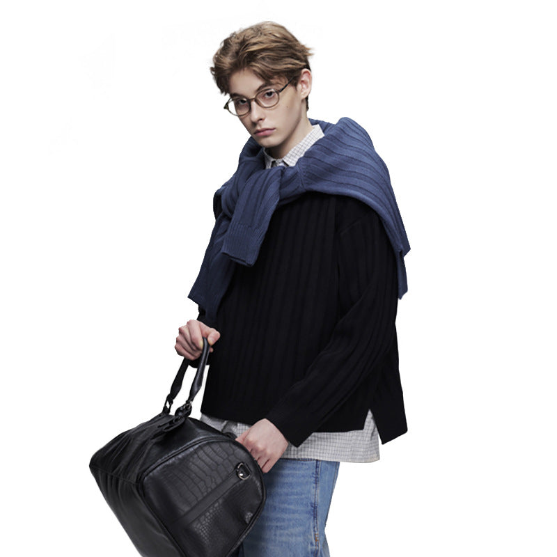 Ribbed Knit Crewneck Sweater — Oversized Fit, Solid Color
