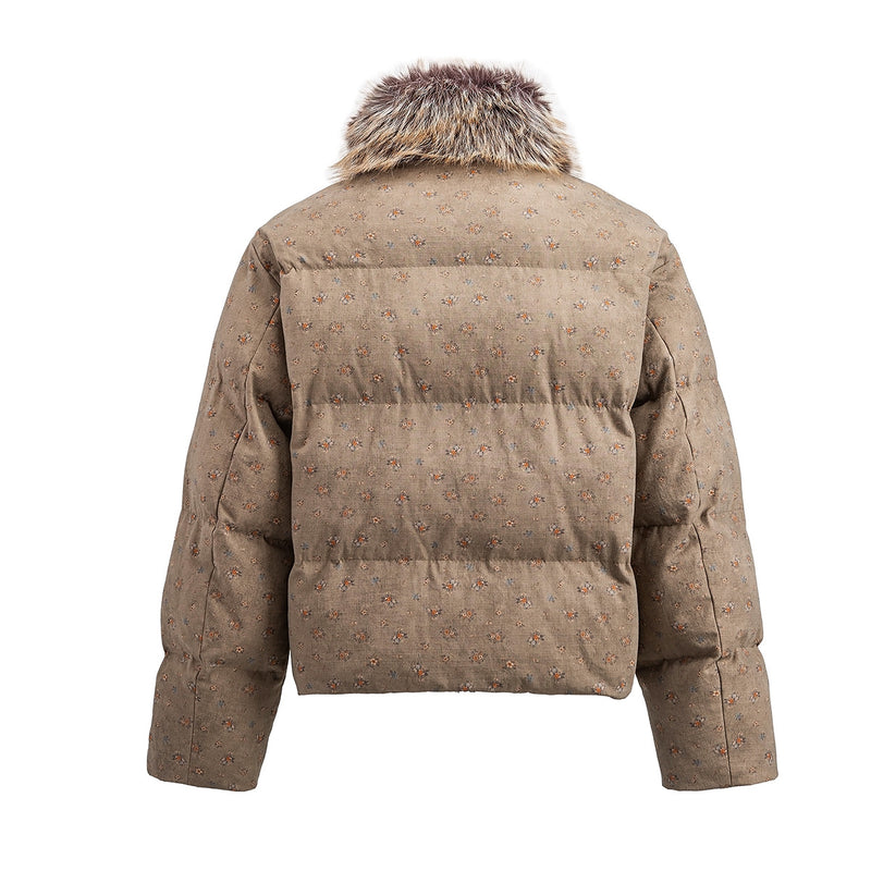 Floral Print Puffer Jacket with Faux Fur Collar – Cropped Fit Men's Winter Coat