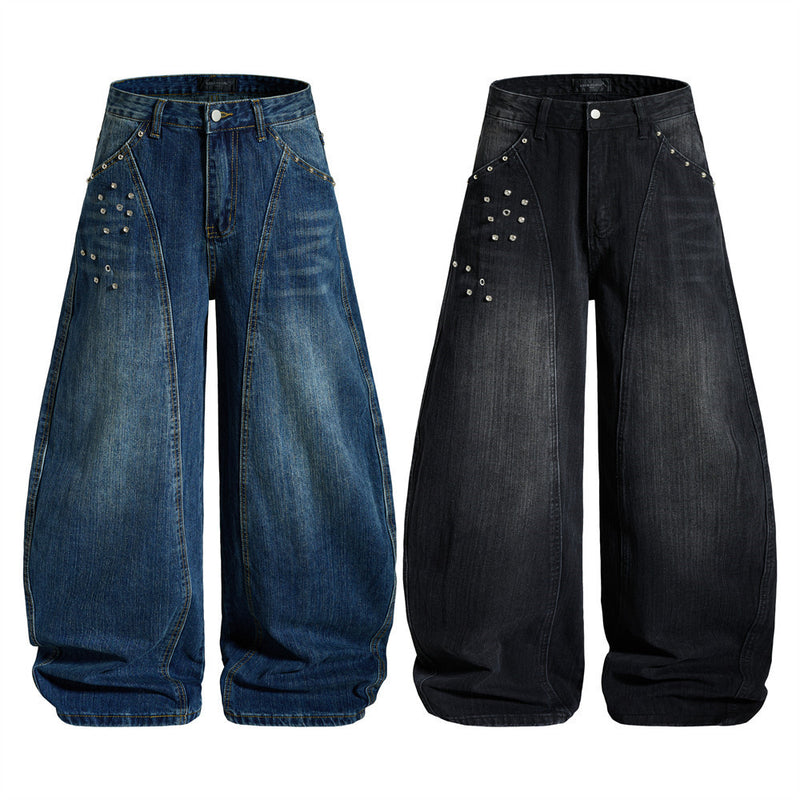 Men's Baggy Black Jeans Wide-Leg Rivet Punk Washed Denim Pants