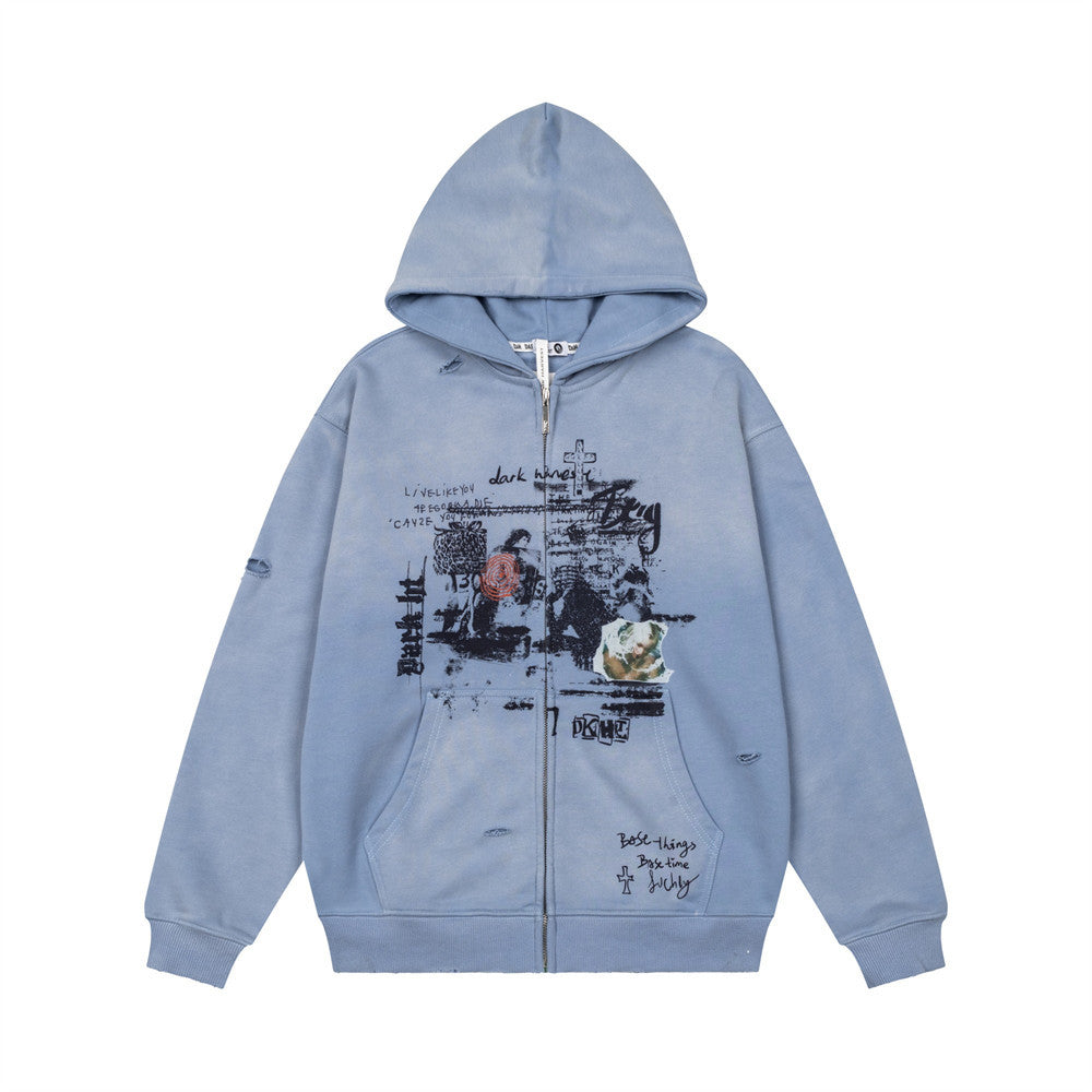 Men's Oversized Zip-Up Hoodie – Washed Grunge Graffiti Graphic with Distressed