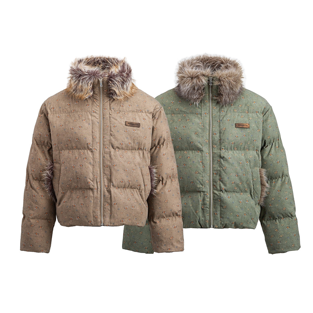 Floral Print Puffer Jacket with Faux Fur Collar – Cropped Fit Men's Winter Coat