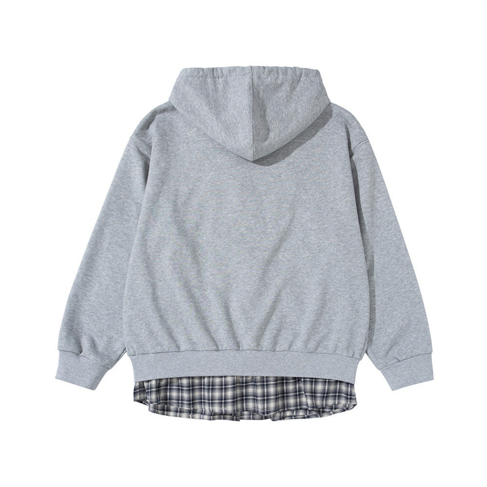 Men's Full Zip Hoodie with Faux Layered Plaid Shirt Insert, Oversized Streetwear