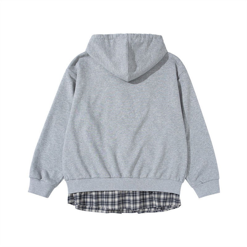 Men's Full Zip Hoodie with Faux Layered Plaid Shirt Insert, Oversized Streetwear