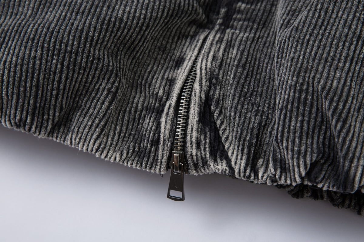 Corduroy Padded Jacket with Faux Fur Hood – Oversized Washed Winter Coat