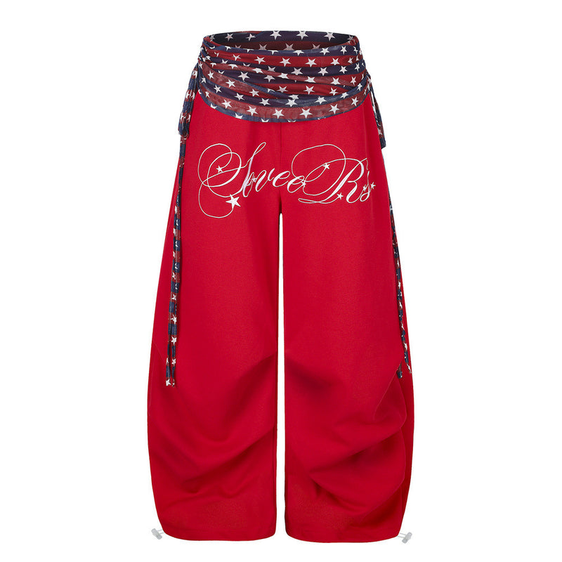 Wide-Leg Star & Stripe Waistband Pants with Side Drawstring Detail