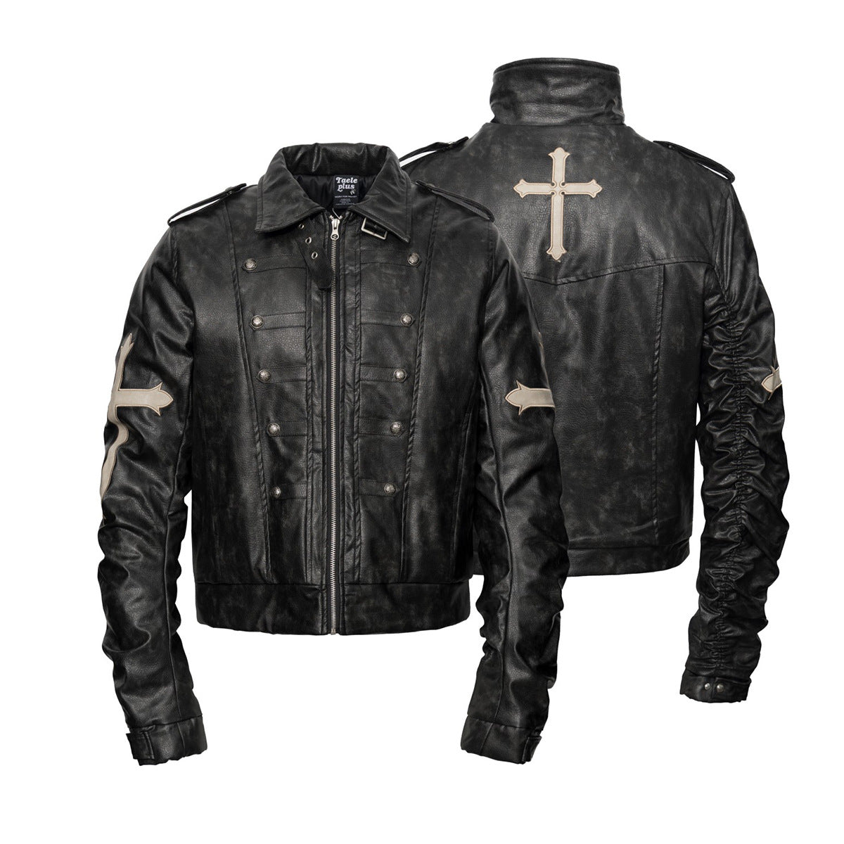 Gothic Cross Moto Jacket – Padded Faux Leather with Military Buttons & Cross