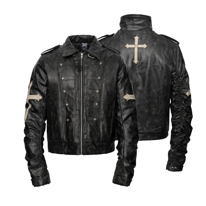 Gothic Cross Moto Jacket – Padded Faux Leather with Military Buttons & Cross