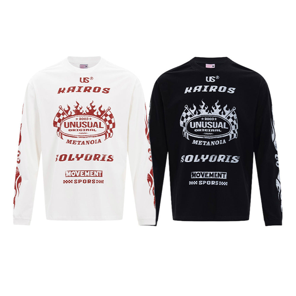 Kairos Unusual Original Graphic Long Sleeve Tee – Relaxed Fit Racing Print