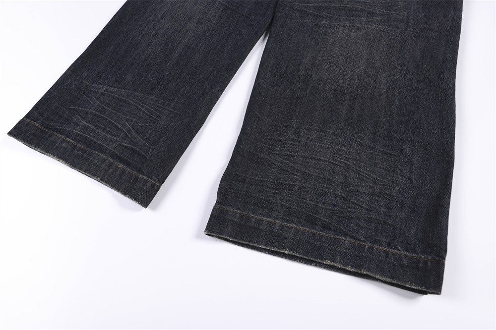 Wide-Leg Jeans with Union Jack Leather Waistband Detail