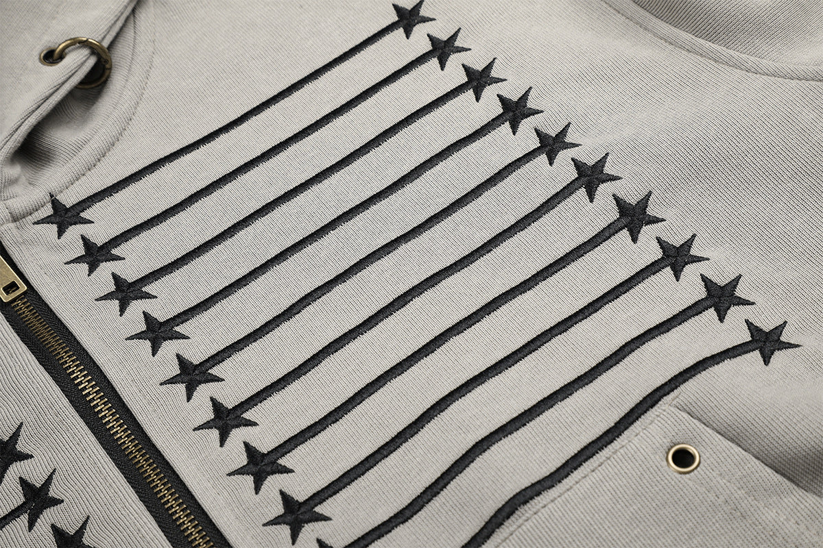 Star & Stripe Embroidered Zip-Up Hoodie with Bomber Ribbed Hem