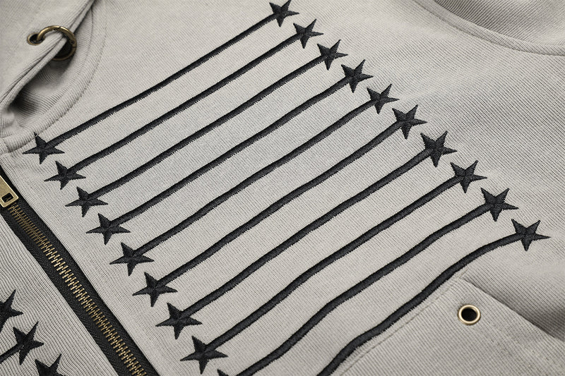 Star & Stripe Embroidered Zip-Up Hoodie with Bomber Ribbed Hem