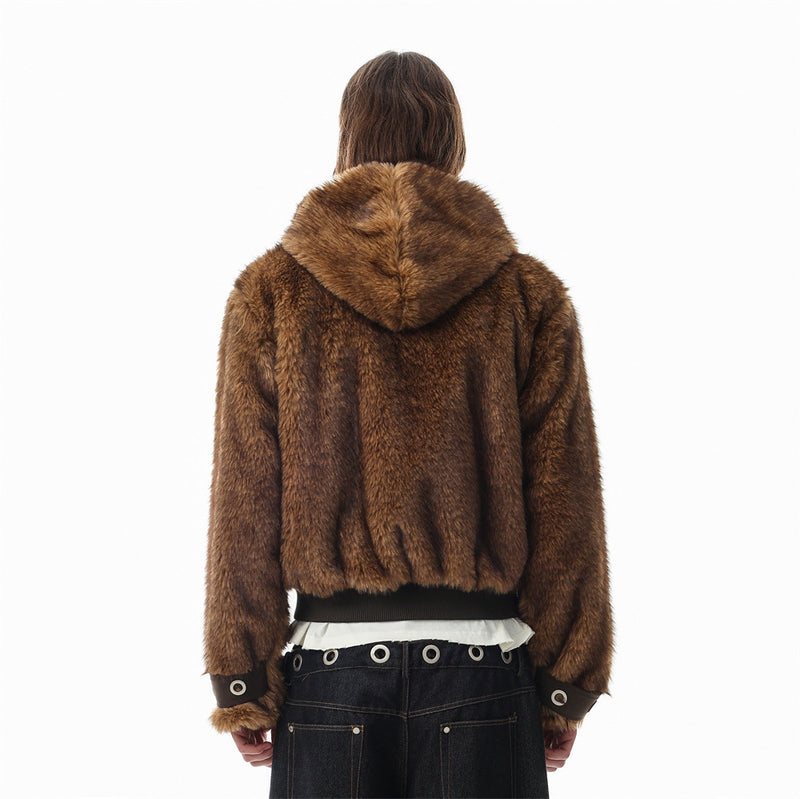 Faux Fur Hooded Bomber Jacket – Brown Short-Cut Zip-Up with PU Leather Trim