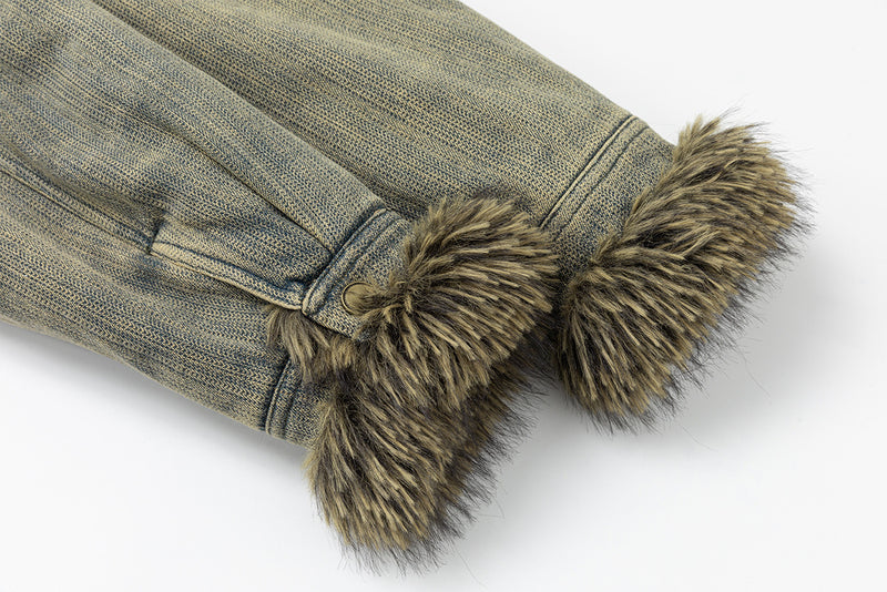 Washed Denim Fur-Trim Padded Jacket – Vintage American Moto Style