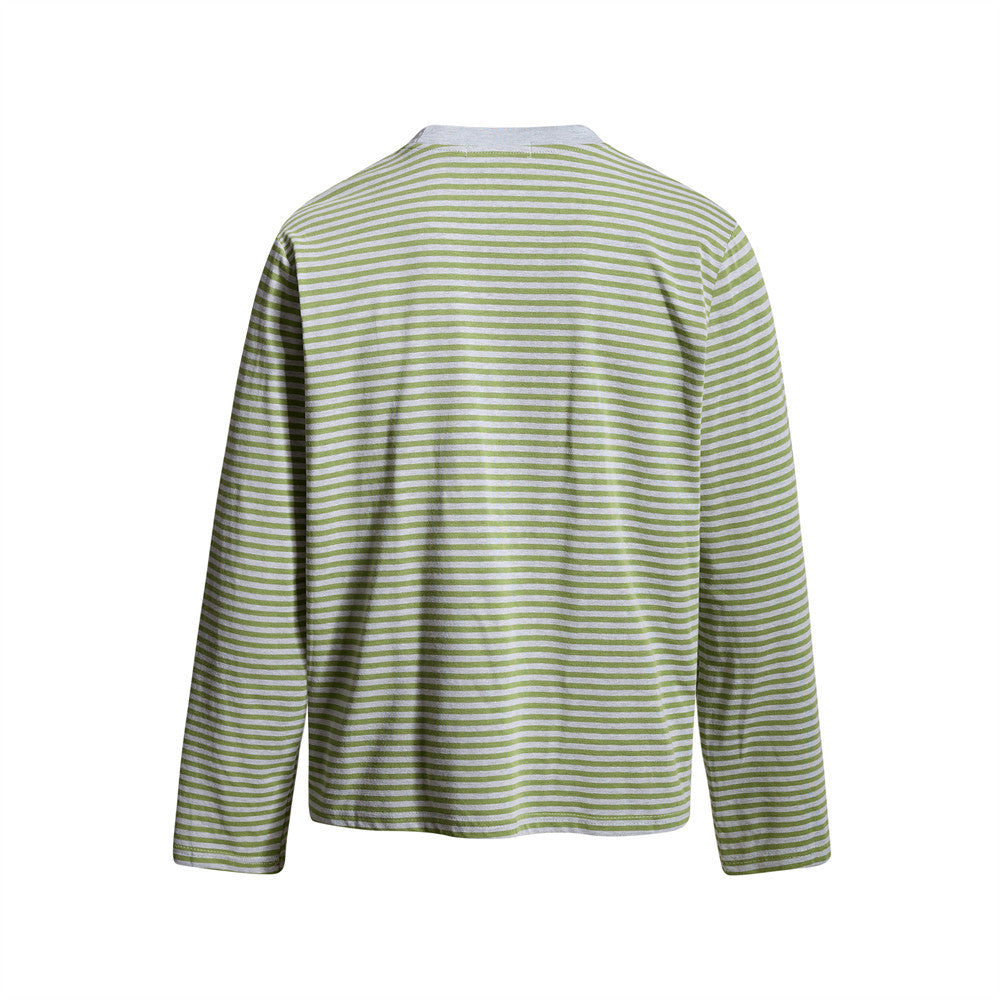 T-shirt homme à manches longues rayé avec poche – Coupe décontractée à col rond